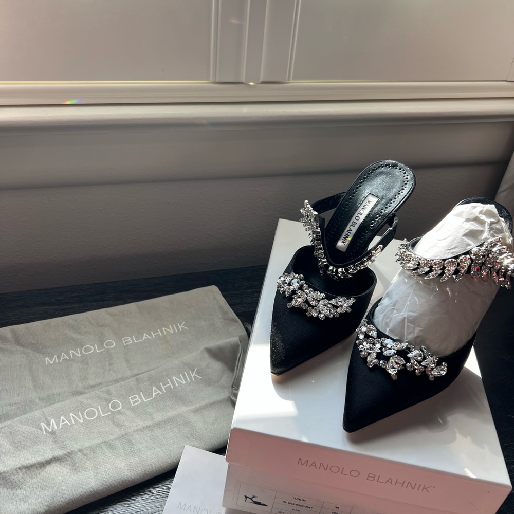Manolo Blahnik Black Satin Lurum Mule Heels with Crystal Embellishments size 38